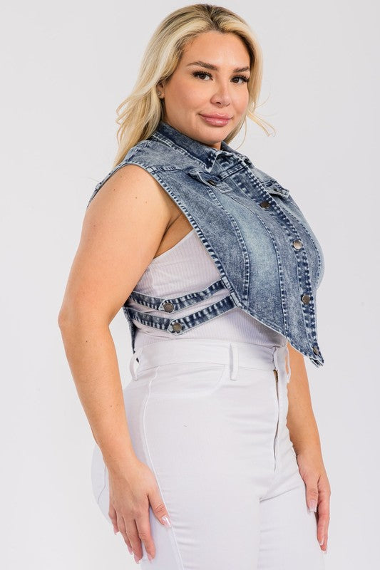 Plus Size Denim Collared Button-Down Crop Vest Top