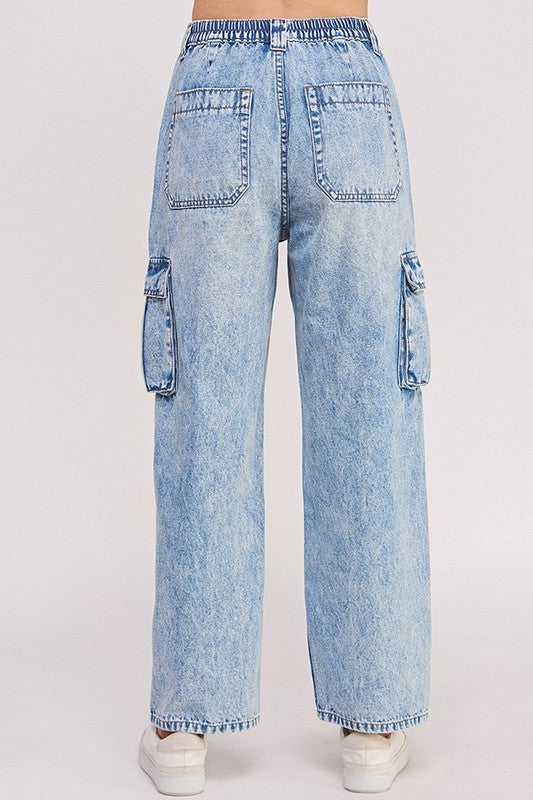 Women's High Waist Baggy Denim Cargo Ankle Length Trousers