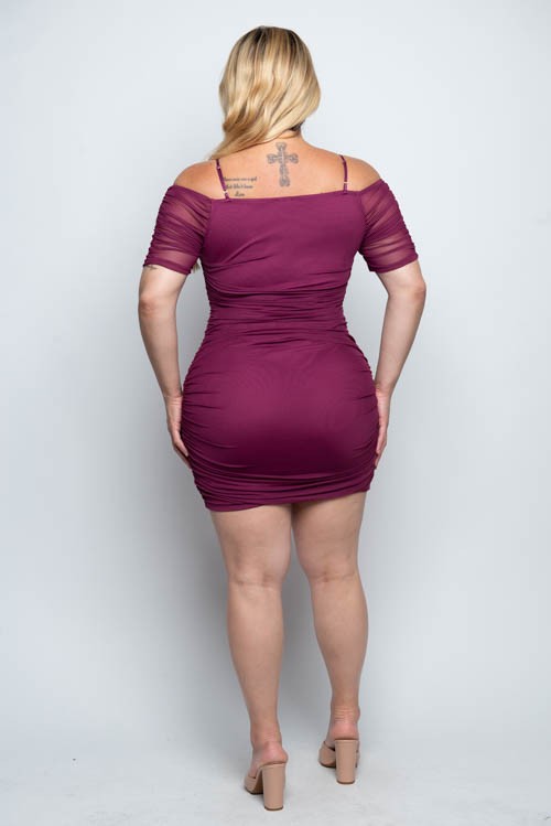 Plus Size Plum Mesh Ruched Mini Dress