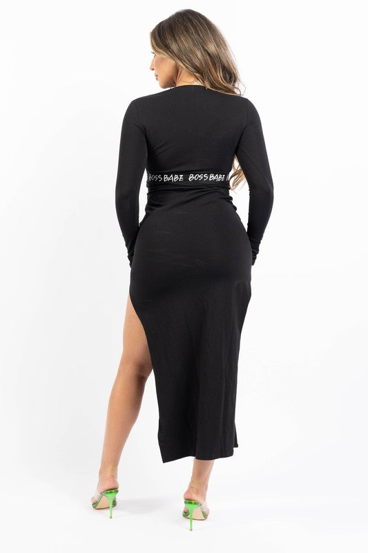 Plus Size Boss Babe Lettering Slit Thigh Maxi Dress