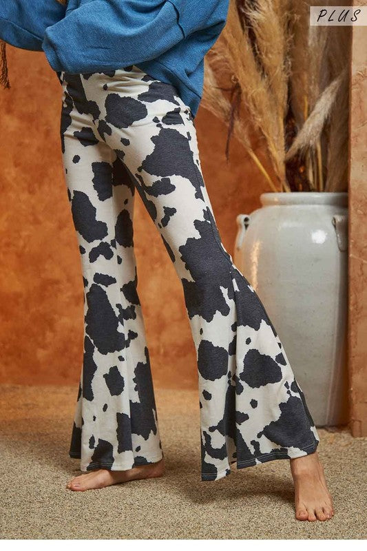 Women's Mocha Cow Print Flared Pants