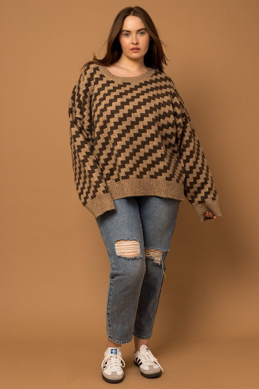Plus Size Zig Zag Stripe Long Sleeve Knit Sweater
