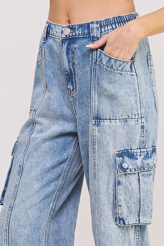 Women's High Waist Baggy Denim Cargo Ankle Length Trousers