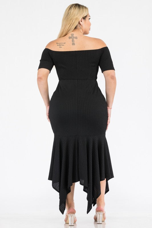 Plus Size Knit Off the Shoulder Shark Bite Hem Dress