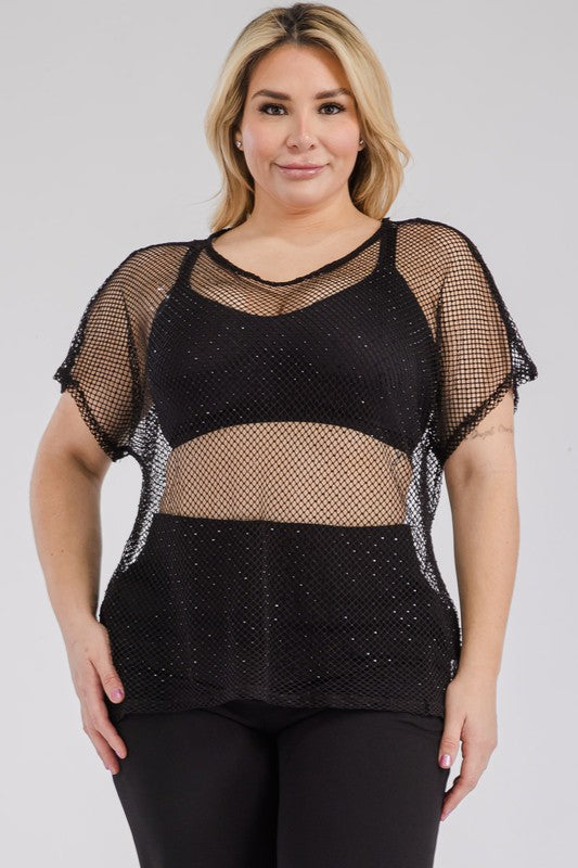 Plus Size Rhinestone Mesh Fishnet Short Sleeve Top