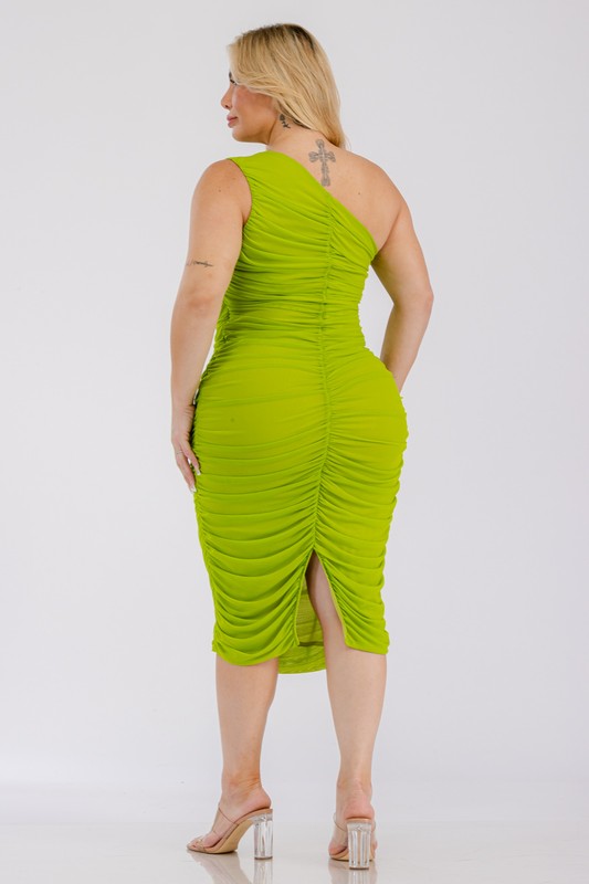 Plus Size One Shoulder Mesh Ruched Midi Dress