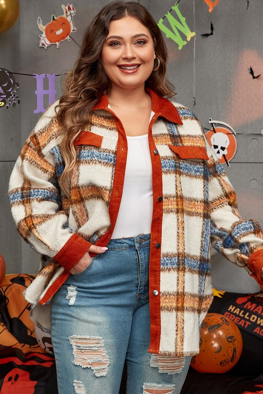 Women Plus Size Plaid Collared Buttoned Jacket