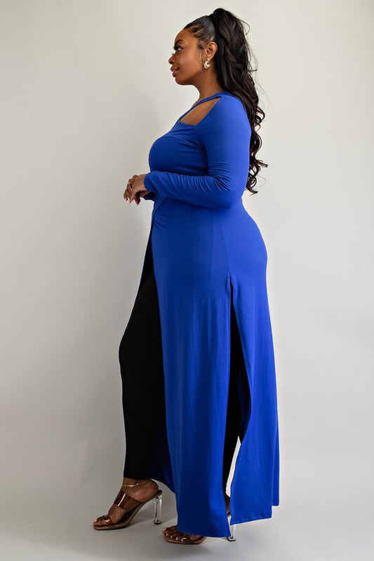 Plus Size Criss Cross Keyhole Cutout Long Sleeve Maxi Top