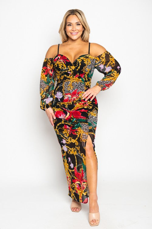 Plus Size Chain Print Mesh Cold Shoulder Maxi Dress