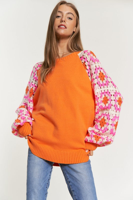 Women's Knit Crochet Detailed Long Sleeve Sweater Top