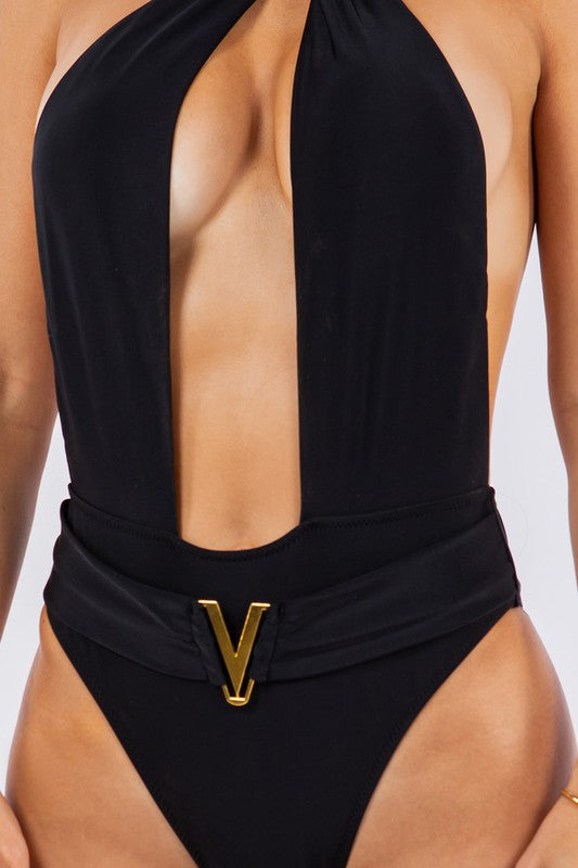 One-Piece Bathing Suit with Deep Open Front