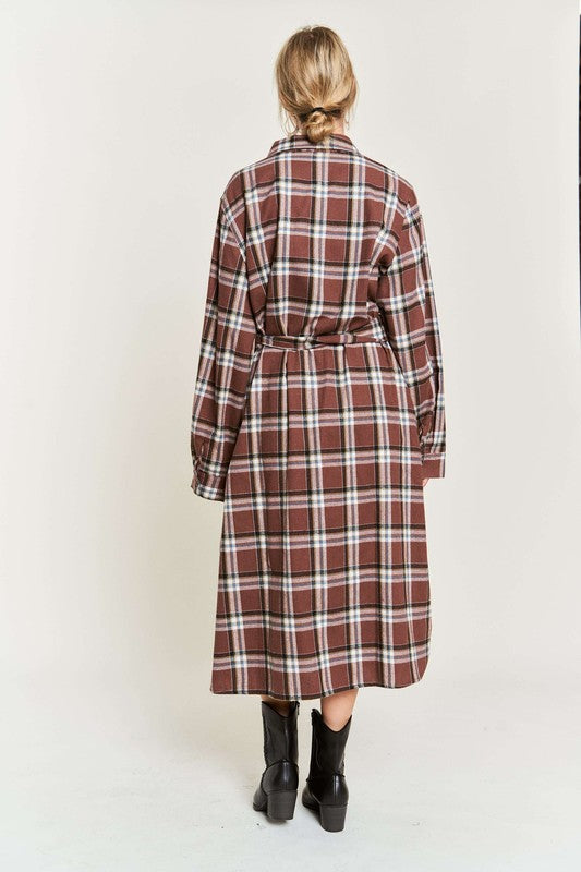 PLAID PRINT COLLAR LONG SHIRT DRESS PLUS