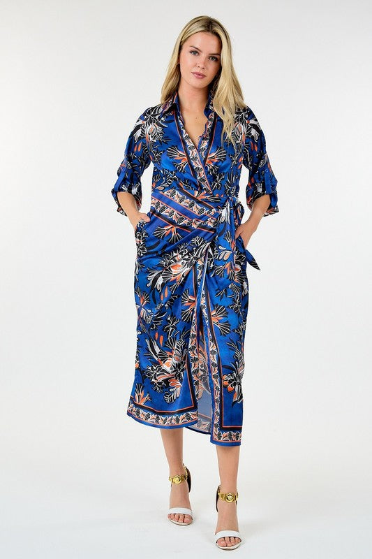 Kimono Wrap 3/4 Sleeve Printed Dress
