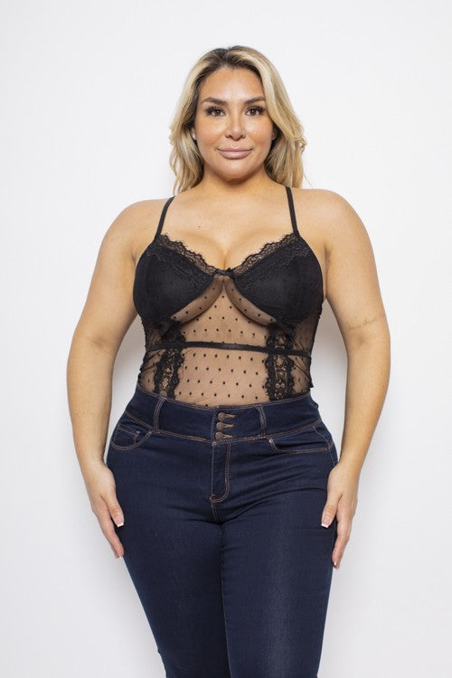 Plus Size Mesh Black Deep V Lace Trim Detail Bodysuit