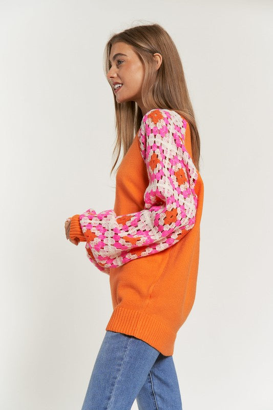 Women's Knit Crochet Detailed Long Sleeve Sweater Top