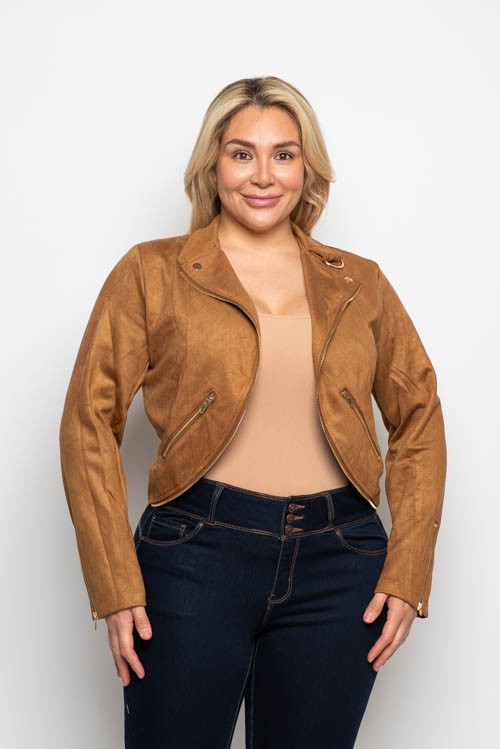 Plus Size Faux Suede Zipped Detail Collared Open Front Cropped Jacket