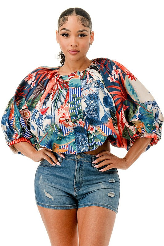 Plus Size Clothing Round Neck Balloon Short Sleeve Front Zip Bubble Cropped Top