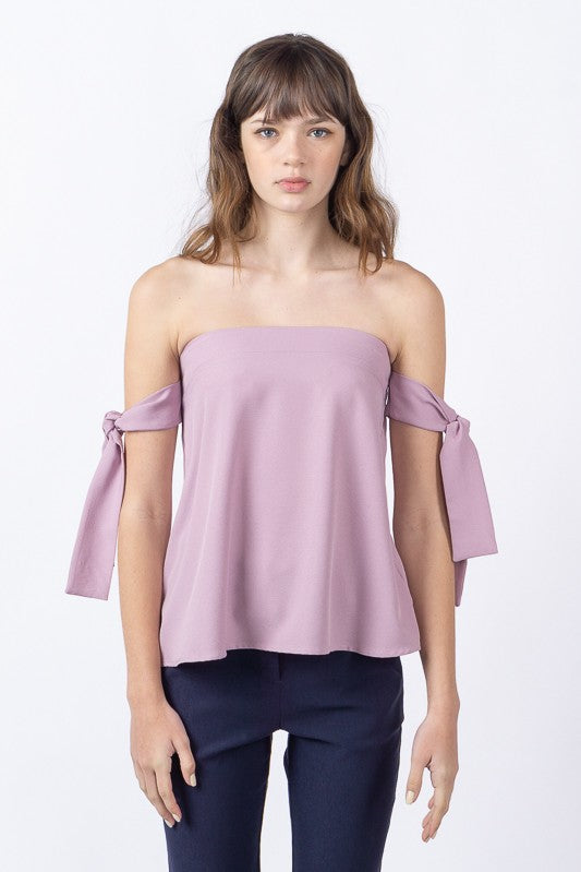 Women's Solid Woven Strapless with Sleeve Knot Blouse