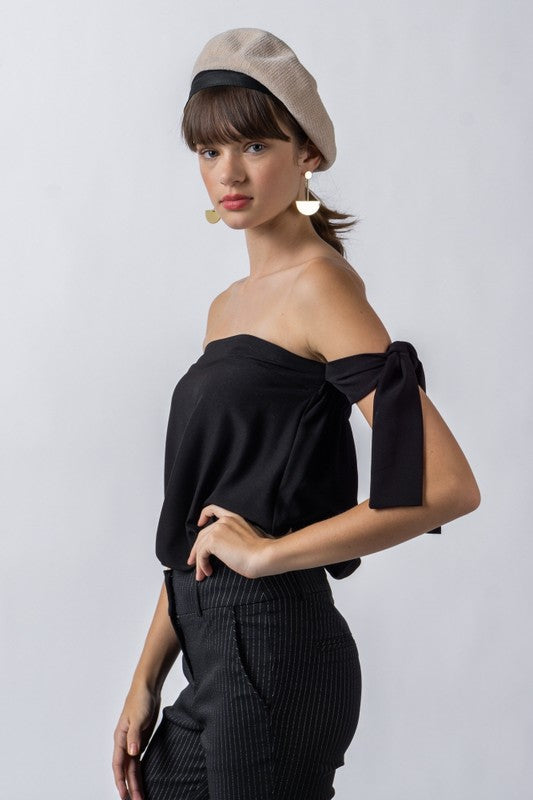 Women's Solid Woven Strapless with Sleeve Knot Blouse