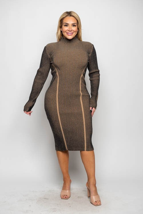 Plus Size Two Tone Charcoal Rib Knit Midi Sweater Dress