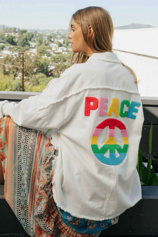 Women's Multi Color Lettering Peace Symbol Button Up Shirt