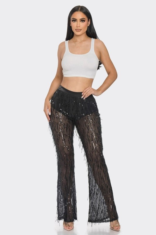 High Waisted Sheer Sequin Wide Leg Pants