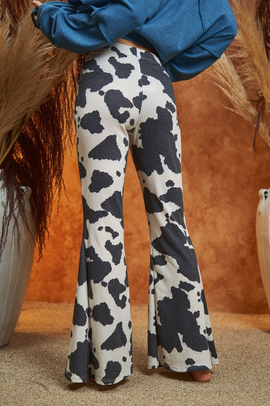 Women's Mocha Cow Print Flared Pants