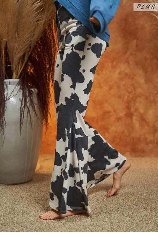 Women's Mocha Cow Print Flared Pants