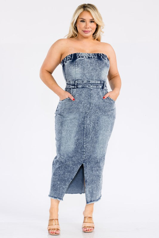 Plus Size Front Slit Pockets Denim Tube Midi Dress