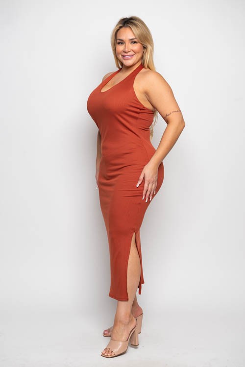 Plus Size Rib Knit Halter Neck Side Slit Midi Dress