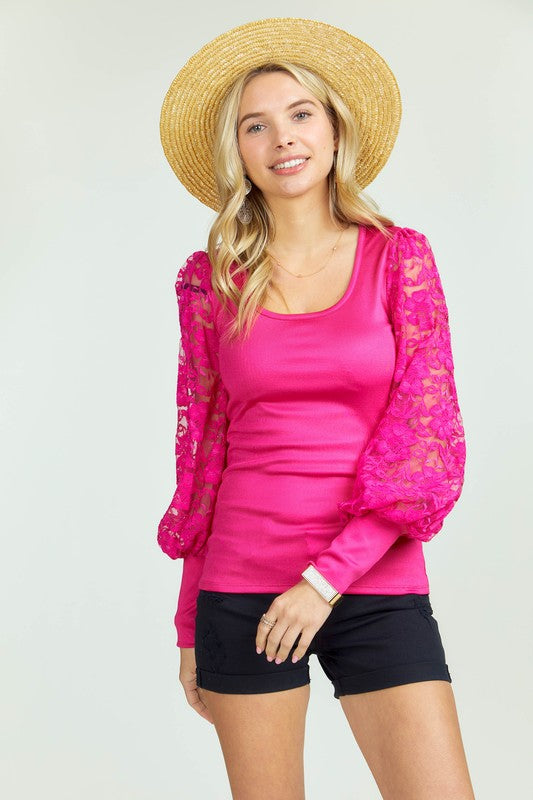 Women's Crew neck Lace Splicing Puff Sleeve Top