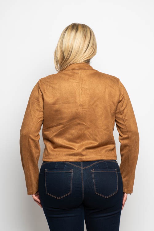 Plus Size Faux Suede Zipper Detail Collared Open Front Cropped Jacket