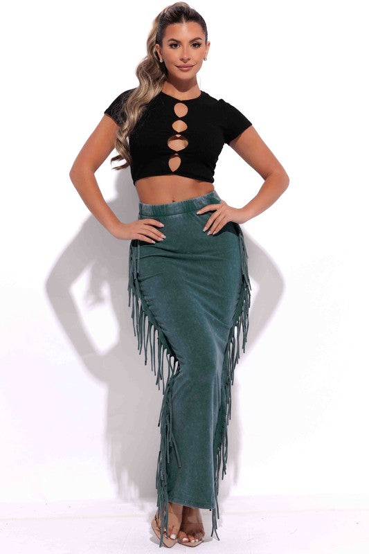 Women's Mineral Washed Fringed Maxi Skirt