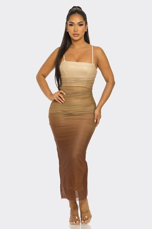 Gradient Ombre Mesh Ruched Bodycon Dress