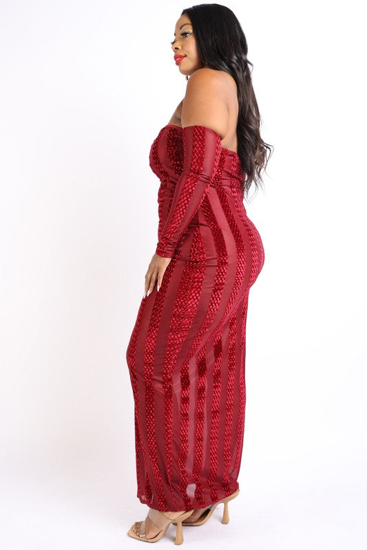 Plus Size Striped Velvet Off Shoulder Dress