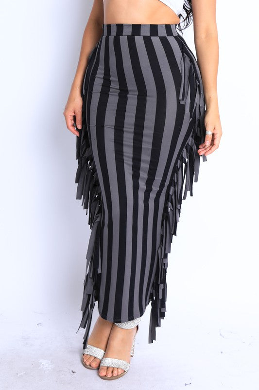 Vertical stripe printed fringed maxi skirt