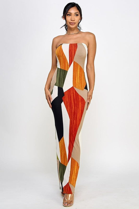 Geographic Print Maxi Tube Back Split Dress