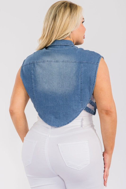 Plus Size Denim Collared Button-Down Crop Vest Top