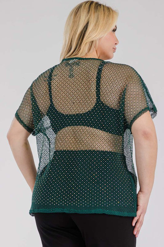 Plus Size Rhinestone Mesh Fishnet Short Sleeve Top