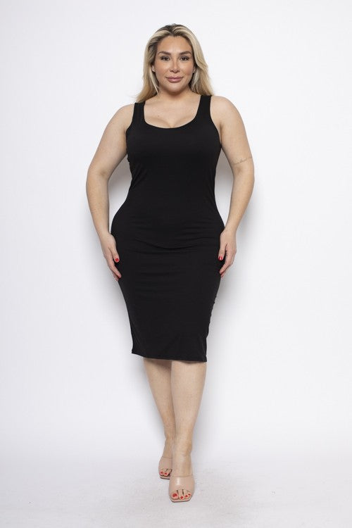 Plus Size Round Neck Half Double Lined Front Tank Midi Dress