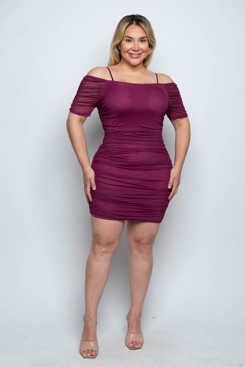 Plus Size Plum Mesh Ruched Mini Dress