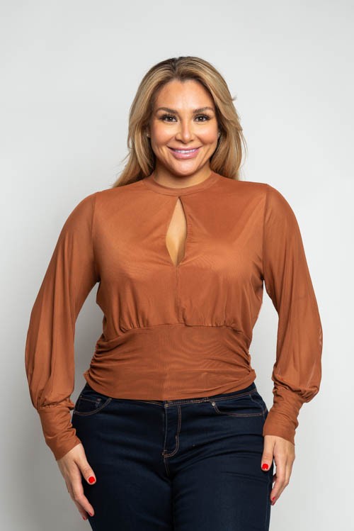 Plus Size Keyhole Mesh Mock Neck Ruched Long Sleeve Top