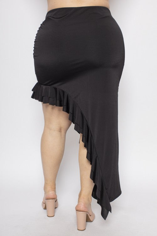 Plus Size Double Lined Asymmetric Ruffle Hem Midi Skirt