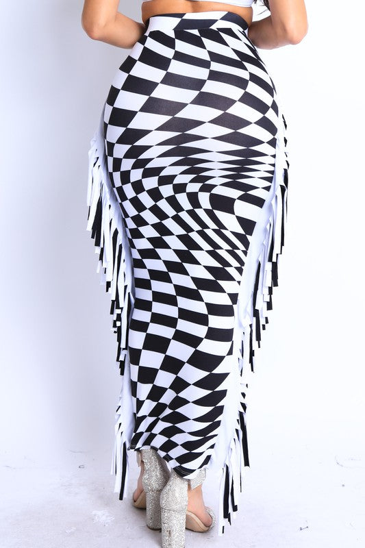 Women's Checkered Maxi Skirt with Fringe Detail