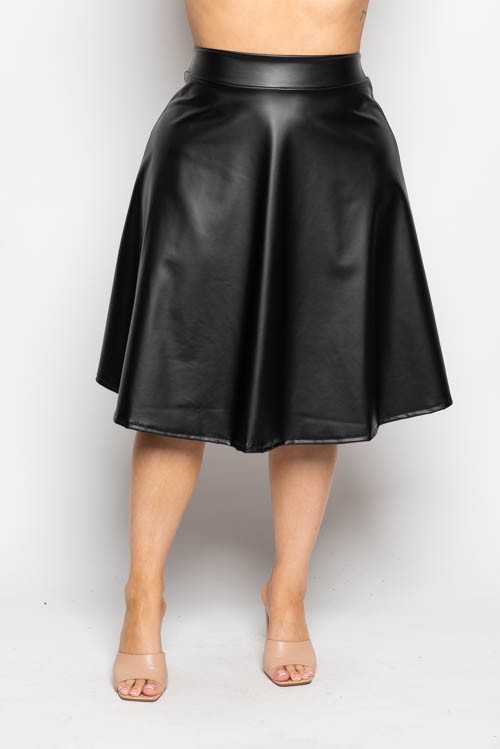Plus Size PU Leather Flare Midi Skirt