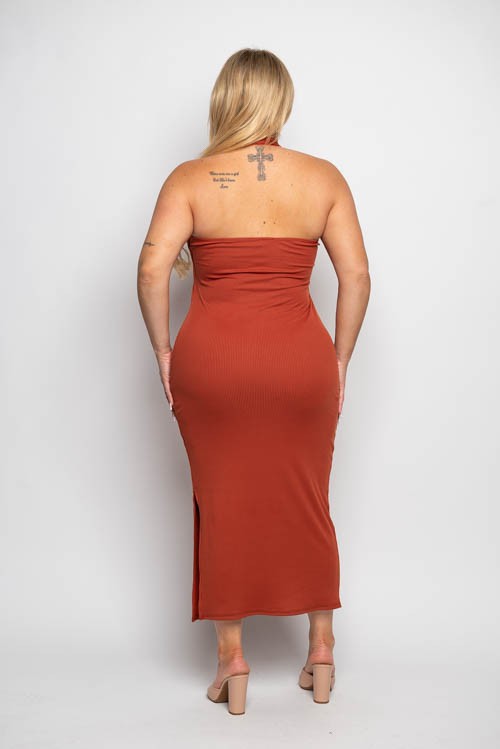 Plus Size Rib Knit Halter Neck Side Slit Midi Dress