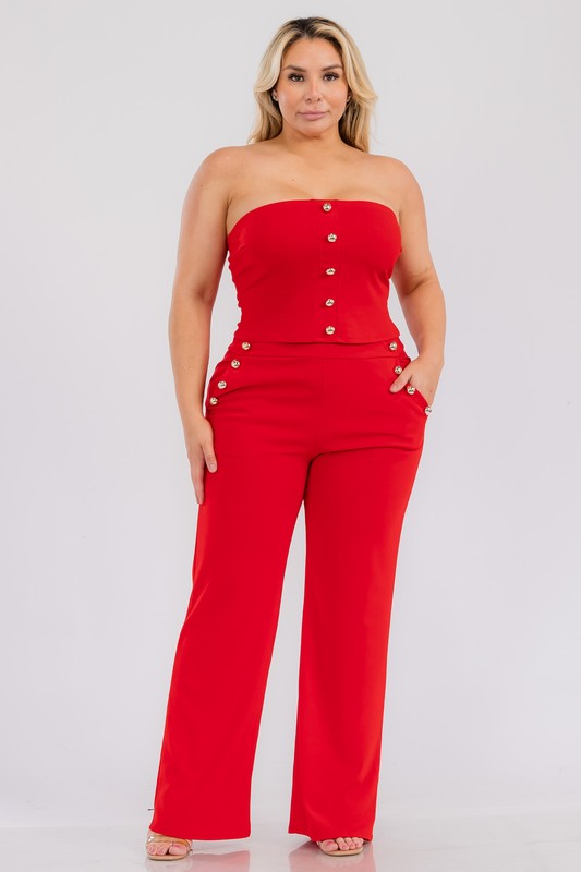 Plus Size Crop Tube Top and Wide Leg Button Detail Pants Set