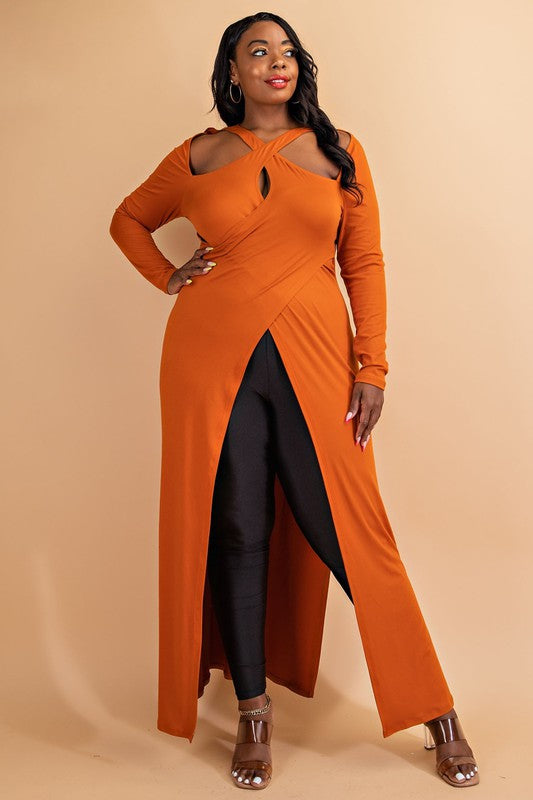 Plus Size Criss Cross Keyhole Cutout Long Sleeve Maxi Top