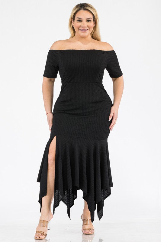 Plus Size Knit Off the Shoulder Shark Bite Hem Dress