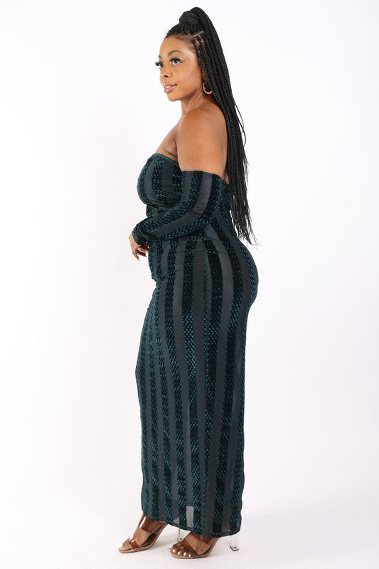 Plus Size Striped Velvet Off Shoulder Dress